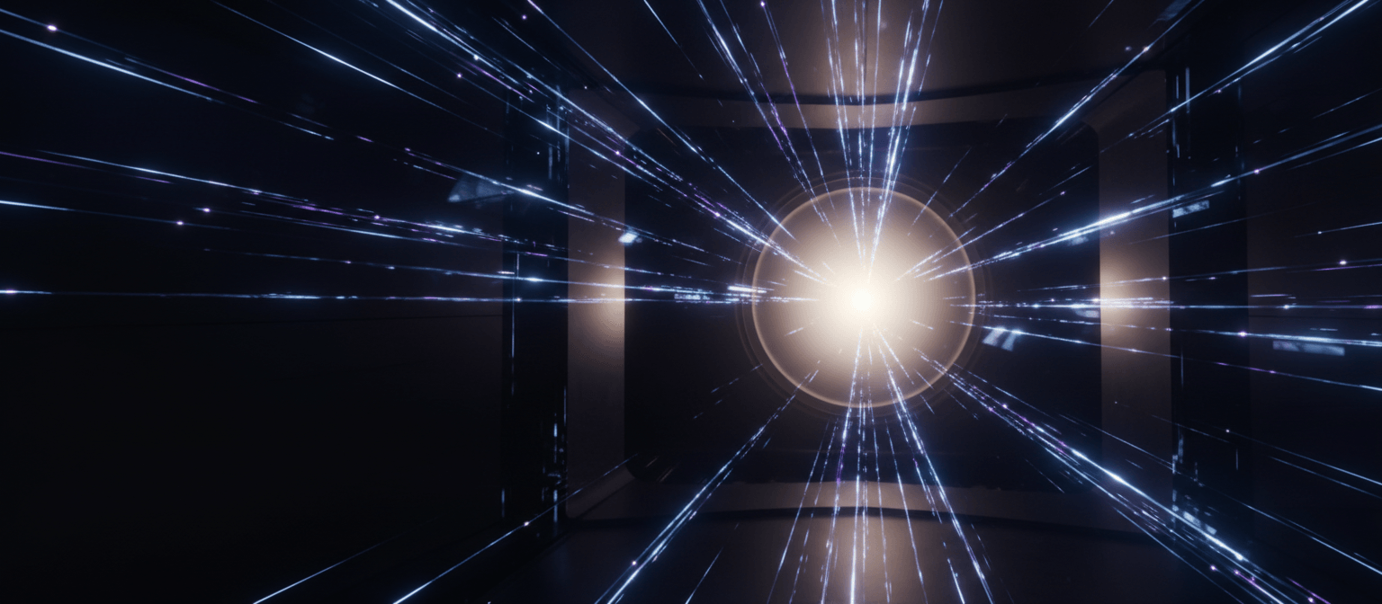 Dark CGI tunnel with reflective black panels and a golden-white glowing orb emitting blue-white radial streaks and violet glints.