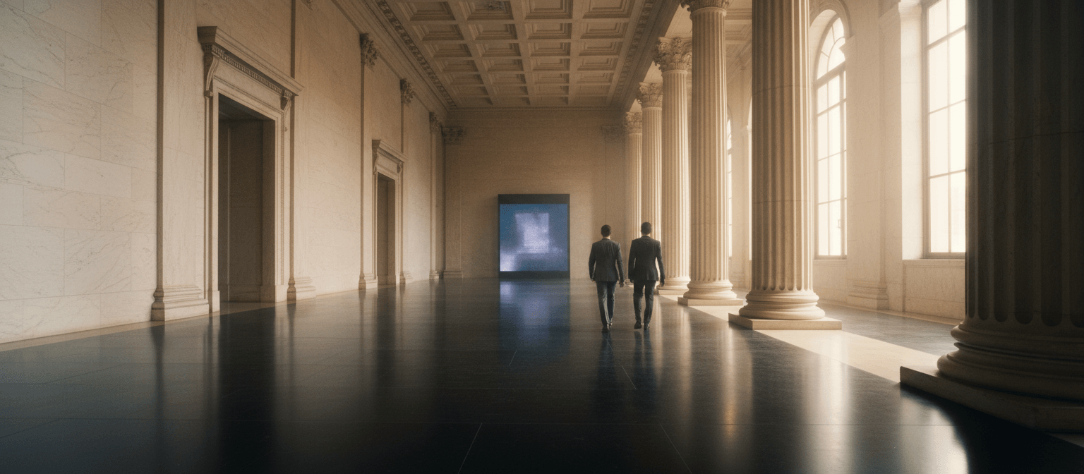 Two figures in dark suits walk away down a neoclassical corridor with Corinthian columns and a blue-purple glowing screen ahead.