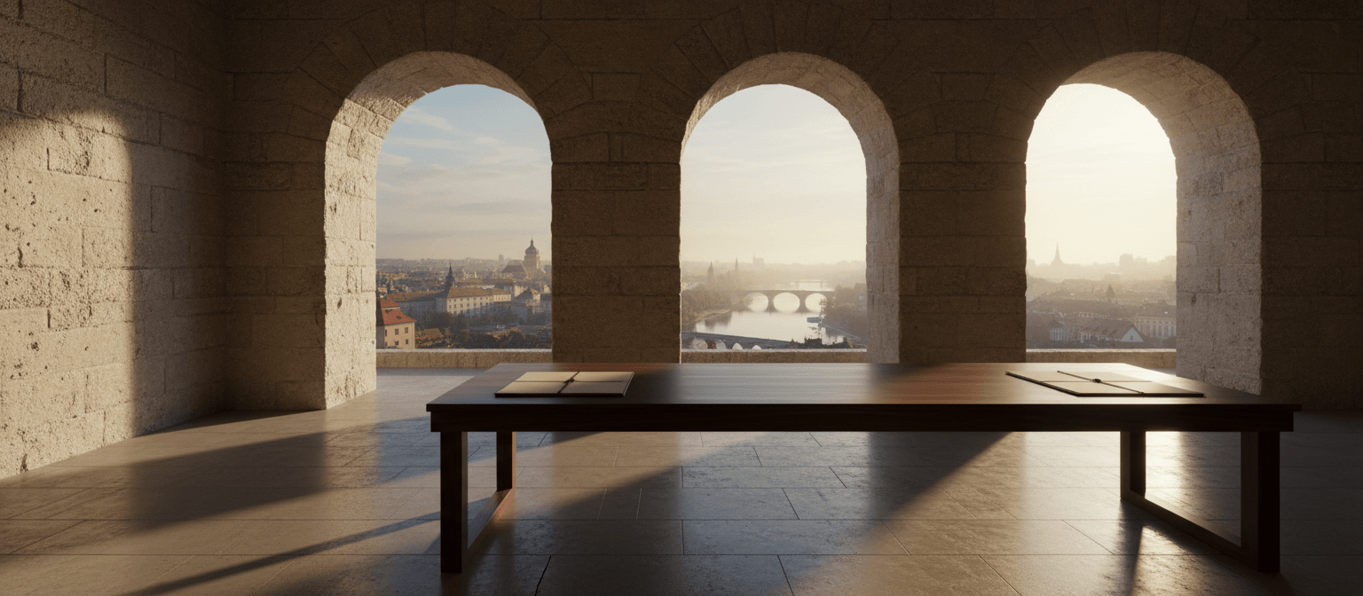 Dark wooden table in a bare stone chamber with arched openings framing a historic city view of river, bridges, rooftops, and church domes.