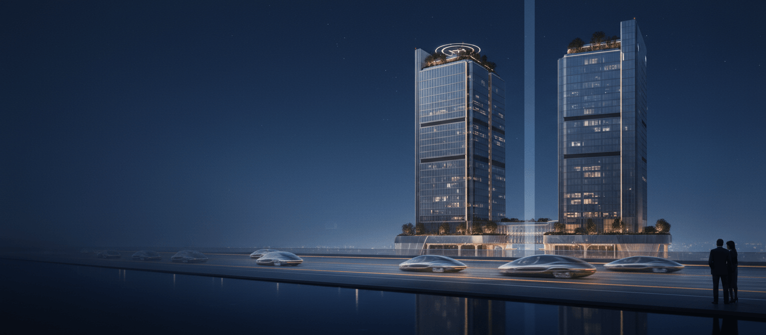 Nighttime CGI: two glass towers joined by arched podium, blue-white beam between them, streaking vehicles, two silhouetted figures.