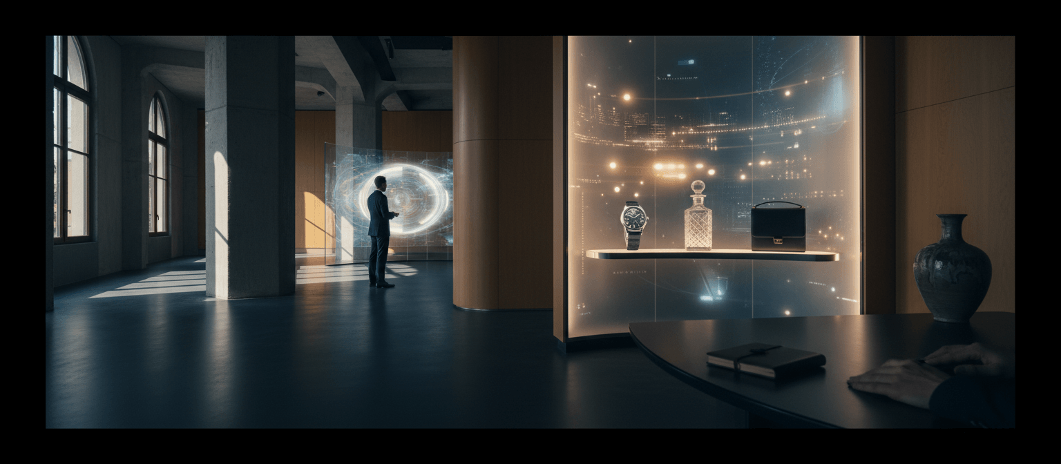 Man in dark suit uses glowing blue holographic interface in stone-arched CGI interior; display case holds watch, decanter, handbag.