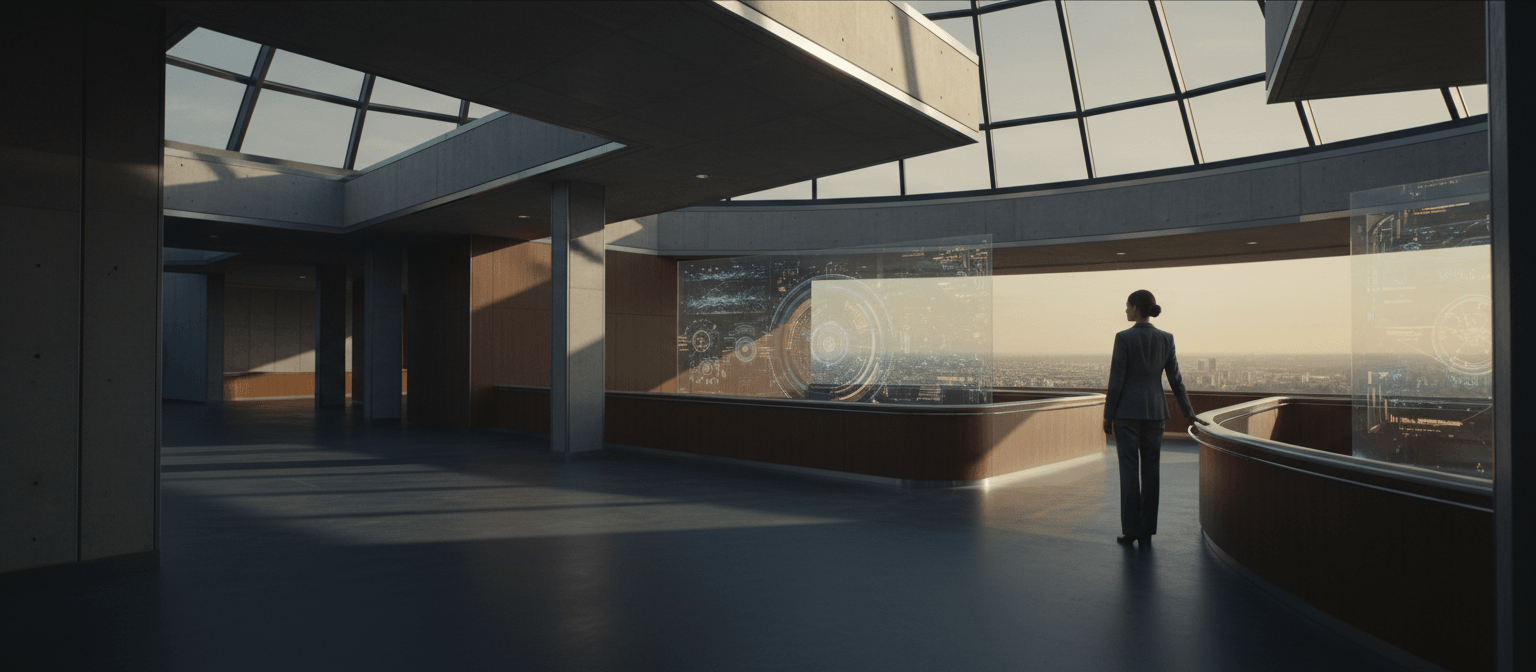 Person in suit faces curved transparent display wall with blue-white holographic diagrams; vast dim high-rise, city sunset beyond.