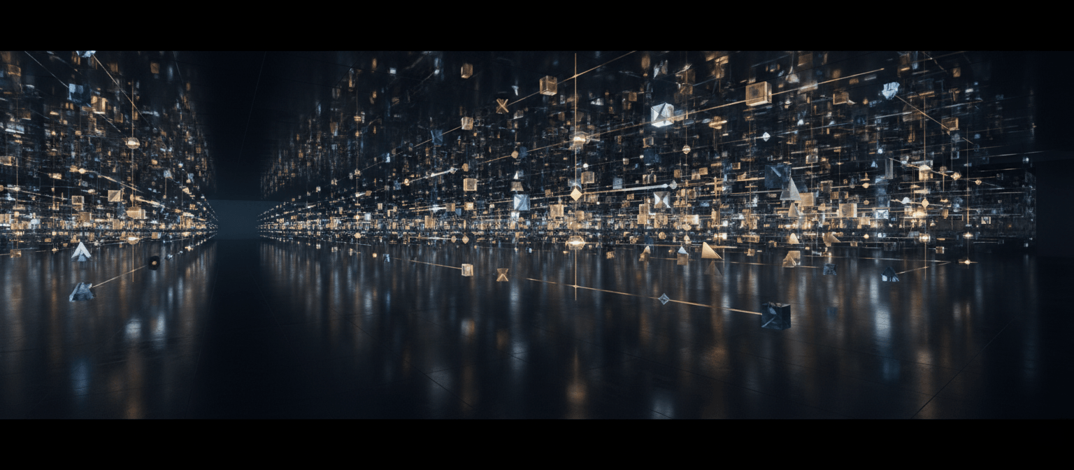 CGI dark corridor with glowing silver, steel blue, and amber crystals linked by amber lattice lines, mirrored on dark floor.