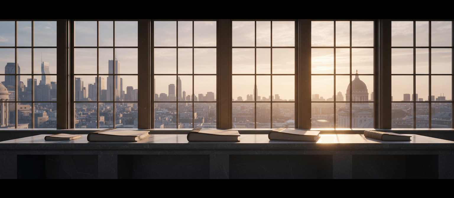 4-5 open books on a dark marble ledge, backlit by golden sunlight through grid-paned windows with an urban skyline and domed structure beyond.