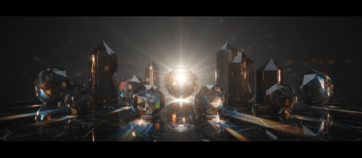 CGI crystal sphere emits white light and rainbow caustics on dark surface, flanked by faceted spheres and crystalline obelisks.
