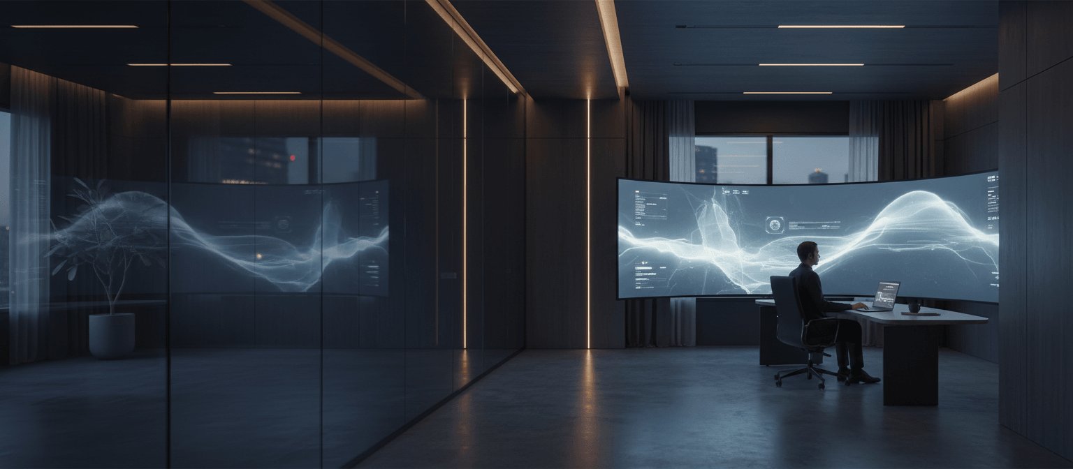 Man in dark clothing sits at curved desk facing a large curved display wall showing blue-white waveform visualizations at night.