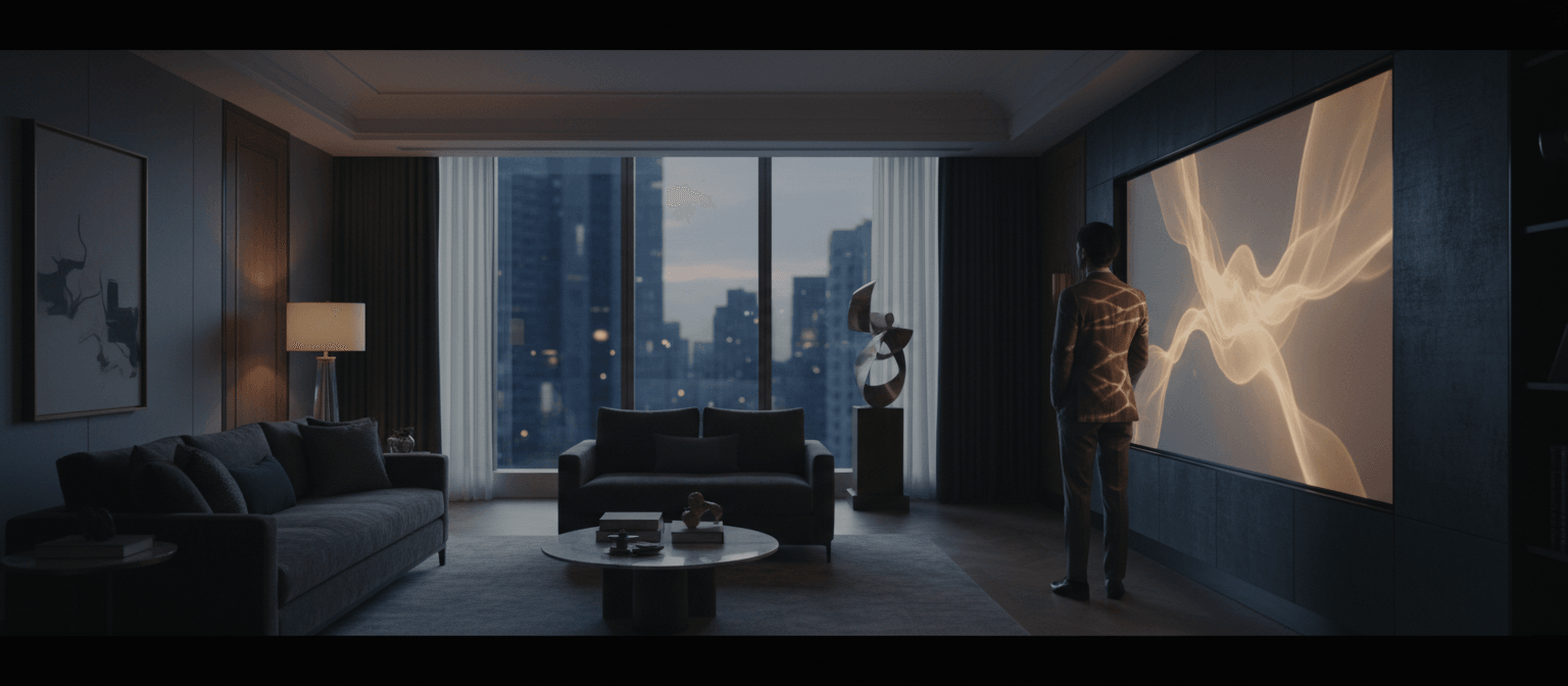 Man in plaid jacket, back to camera, faces large white and gold abstract wave wall art in a dark navy interior with city skyline beyond.