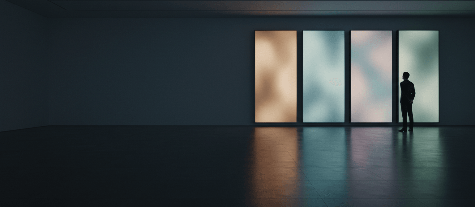 Silhouetted figure in formal attire before four glowing vertical panels in amber, gray-blue, blush pink, and white on a dark wall.