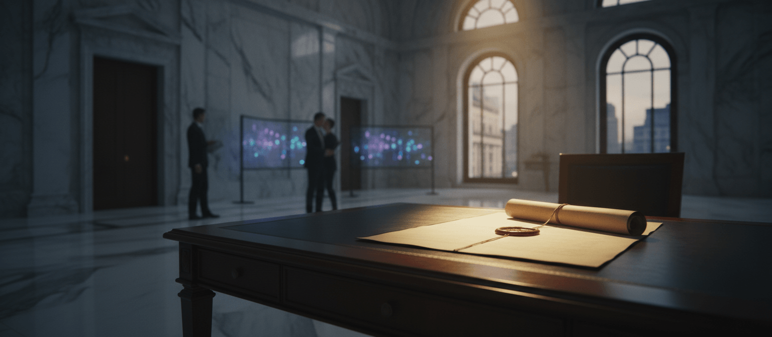 Parchment scroll with red wax seal on desk in foreground; two suited figures near curved screens in blurred marble hall.