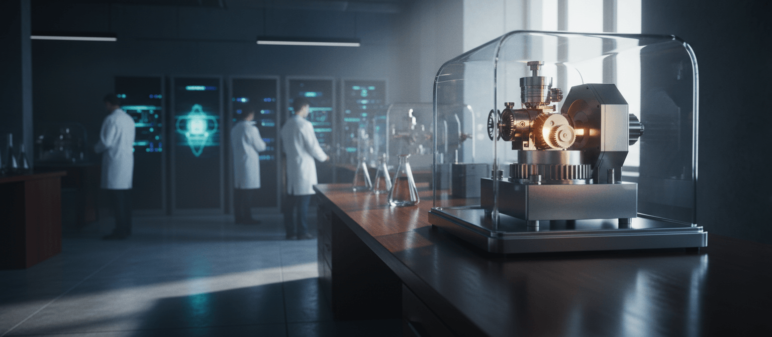 CGI lab: glass dome with amber-lit gears on silver platform, white-coated figures, server racks, teal holographic atomic symbol.