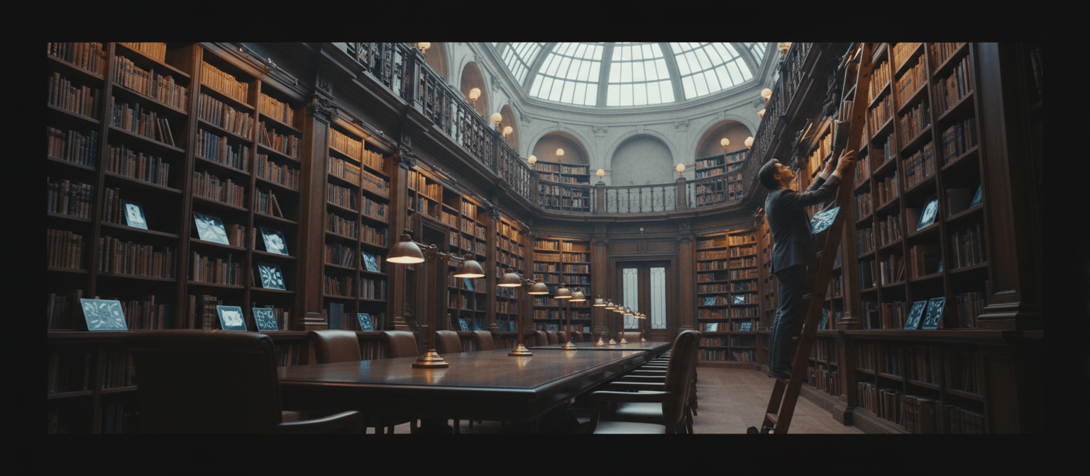 Two-story circular library with dark wood shelves, leather-bound volumes, glass dome, and a figure on a rolling ladder reaching upper shelves.