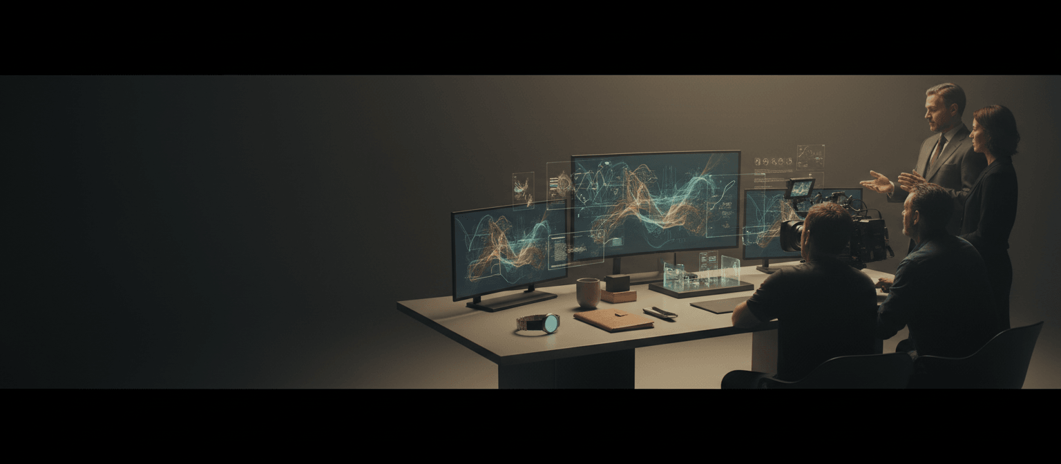 Three figures at a multi-monitor workstation in a dark control room with amber and teal holographic waveform displays.