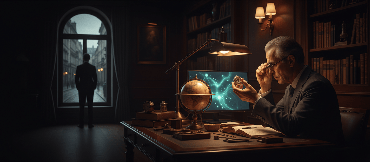 Silver-haired man in dark suit examines small round object at antique desk with brass globe, journal, and teal monitor.