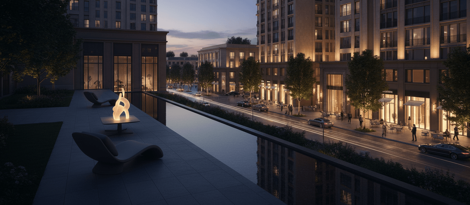 CGI blue-hour terrace: wave lounge chairs, glowing sculpture, reflective pool overlooking amber-lit tower boulevard.