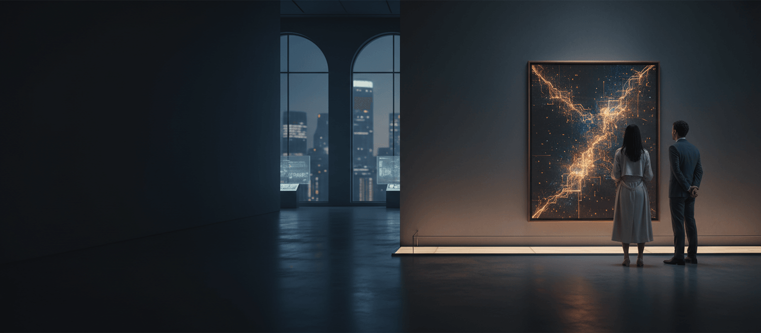 Two figures from behind facing a large glowing amber-orange circuit-patterned artwork on black, in a dimly lit gallery with arched windows.