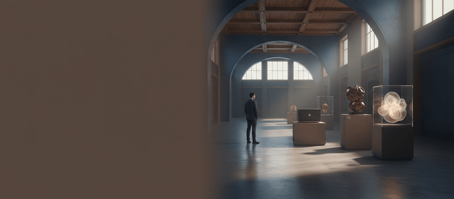 CGI gallery hall; man in dark suit, back to viewer, contemplates abstract sculpture and glowing orb on white pedestals.