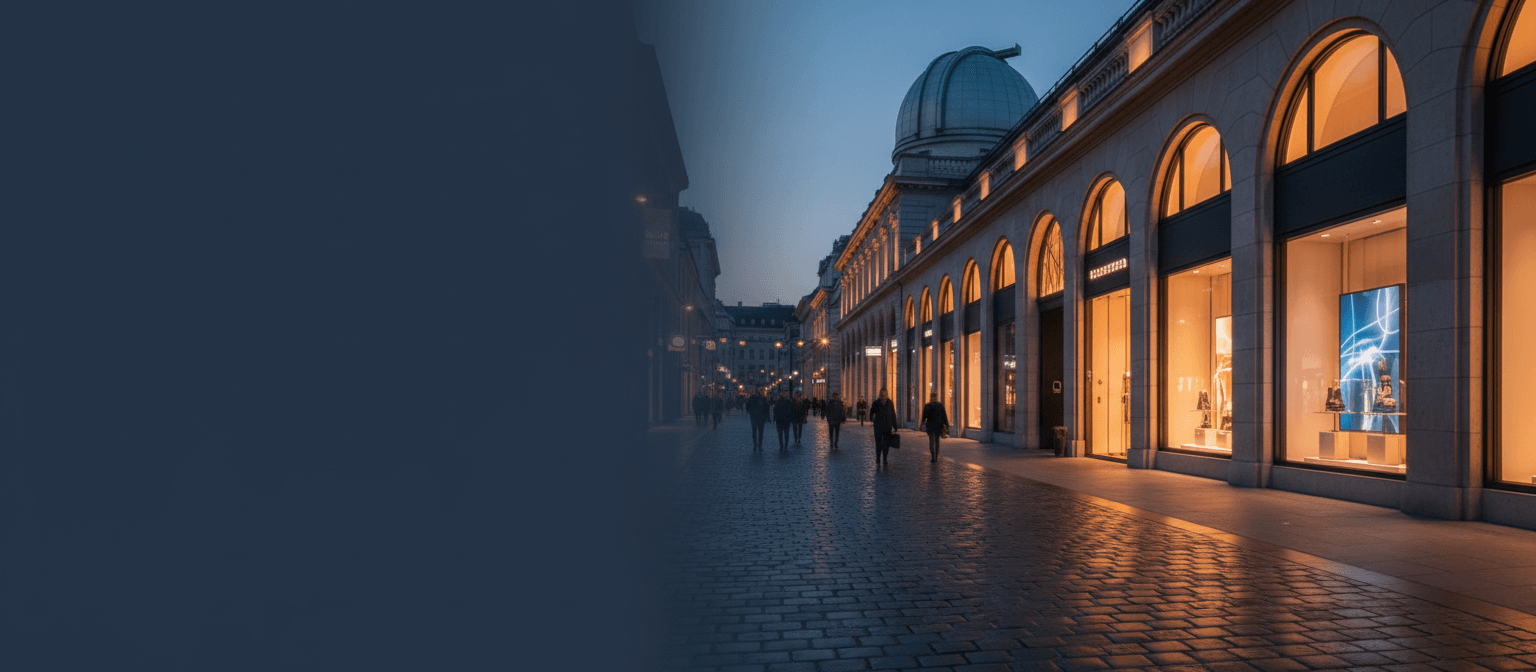 Neoclassical colonnaded façade glows amber at dusk, cobblestones reflecting warmth, adults walking, domed structure in twilight distance.