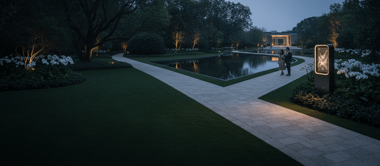 Rectangular mirror-still pool flanked by manicured lawns and stone pathways, amber-lit trees, two figures conversing at dusk.