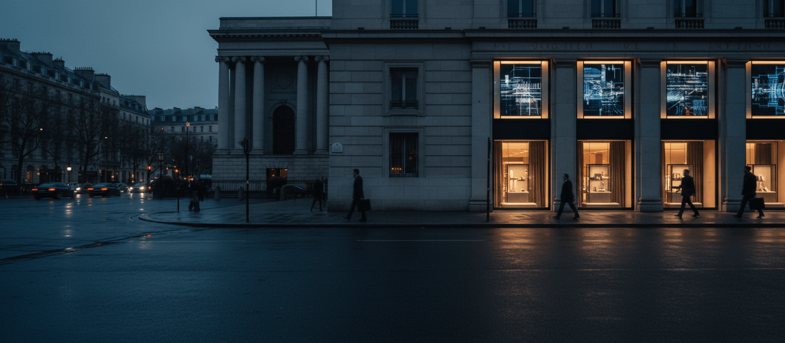 Neoclassical stone building with columns, amber-lit retail windows, and two large blue digital screens; silhouettes cross wet pavement.