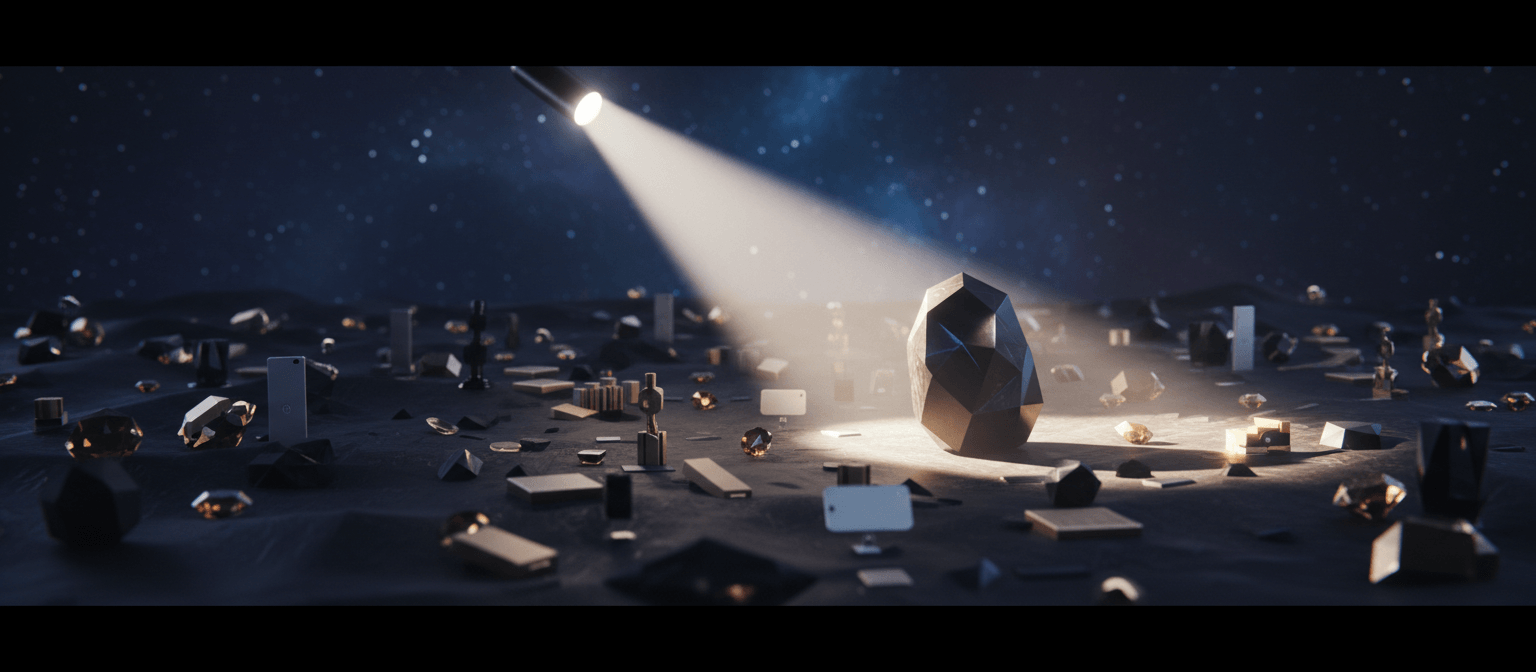 Dark faceted crystal lit by dramatic spotlight on alien terrain with slabs, cubes, chess pieces, amber gems, and monolithic columns.