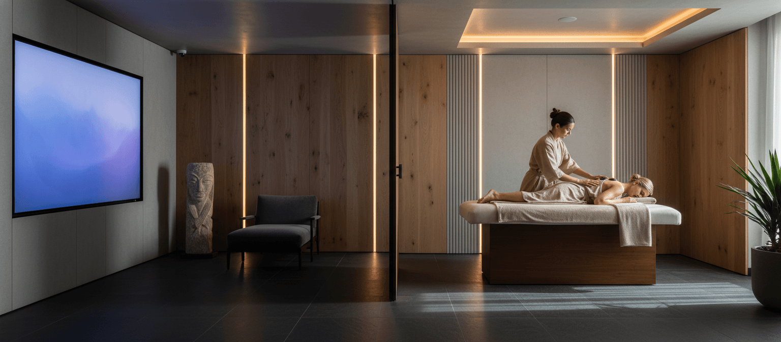 Glass-partitioned spa interior: dim lounge with armchair and glowing panels on left; therapist massaging client on draped table on right.