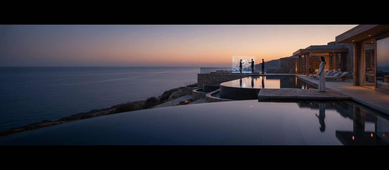 Clifftop villa at twilight: infinity pool meets ocean sunset; silhouetted figures at holographic panel, third on terrace.