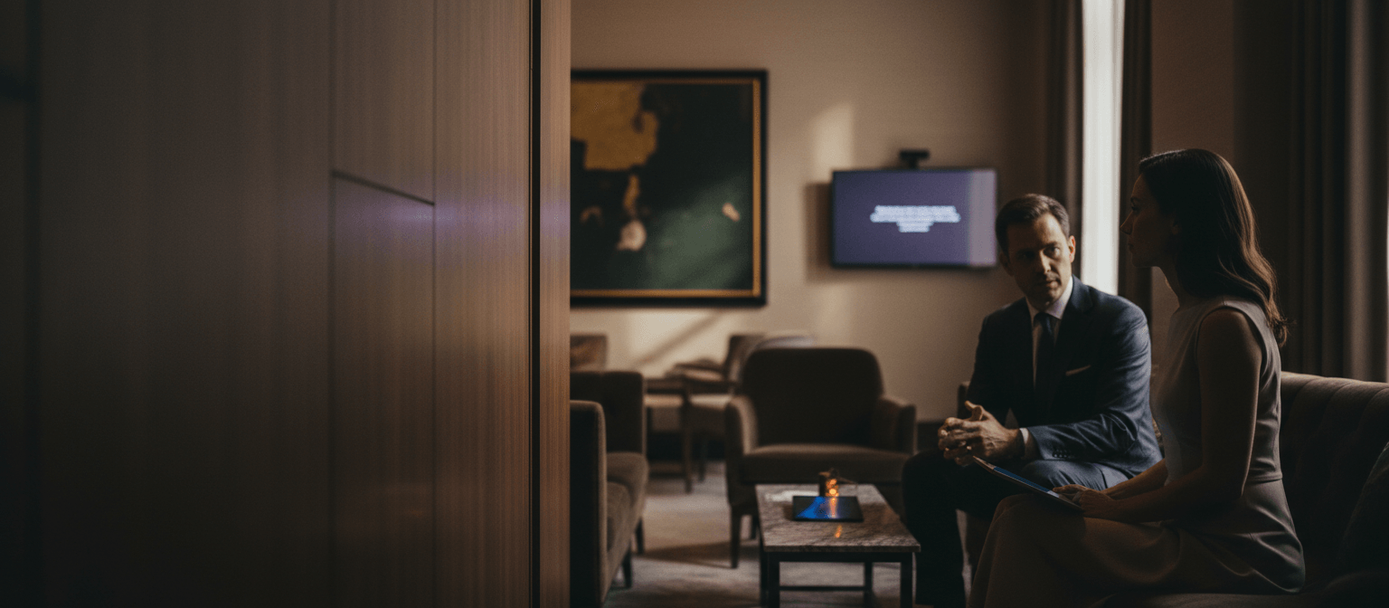 Man in navy suit leaning toward a woman with dark wavy hair, both seated at a marble coffee table in a dim lounge.