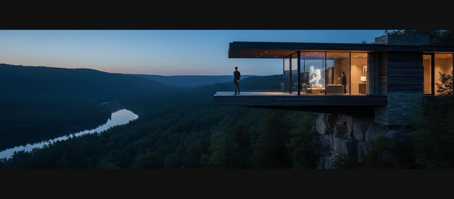 Glass house on rocky cliff; figure inside faces glowing luminous hands apparition; silhouette on deck overlooks forested valley.
