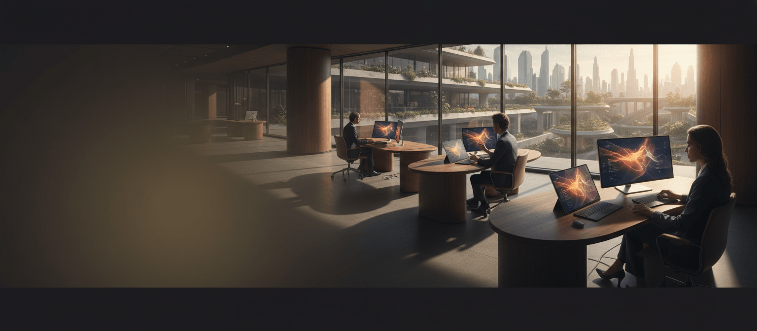 Three professionals at round wooden desks in a glass-walled office overlooking a hazy cityscape with greenery-covered buildings.