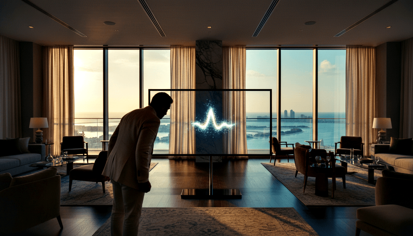 Man in cream blazer leans forward to inspect a transparent display on a metallic pedestal showing a cyan-white light waveform.