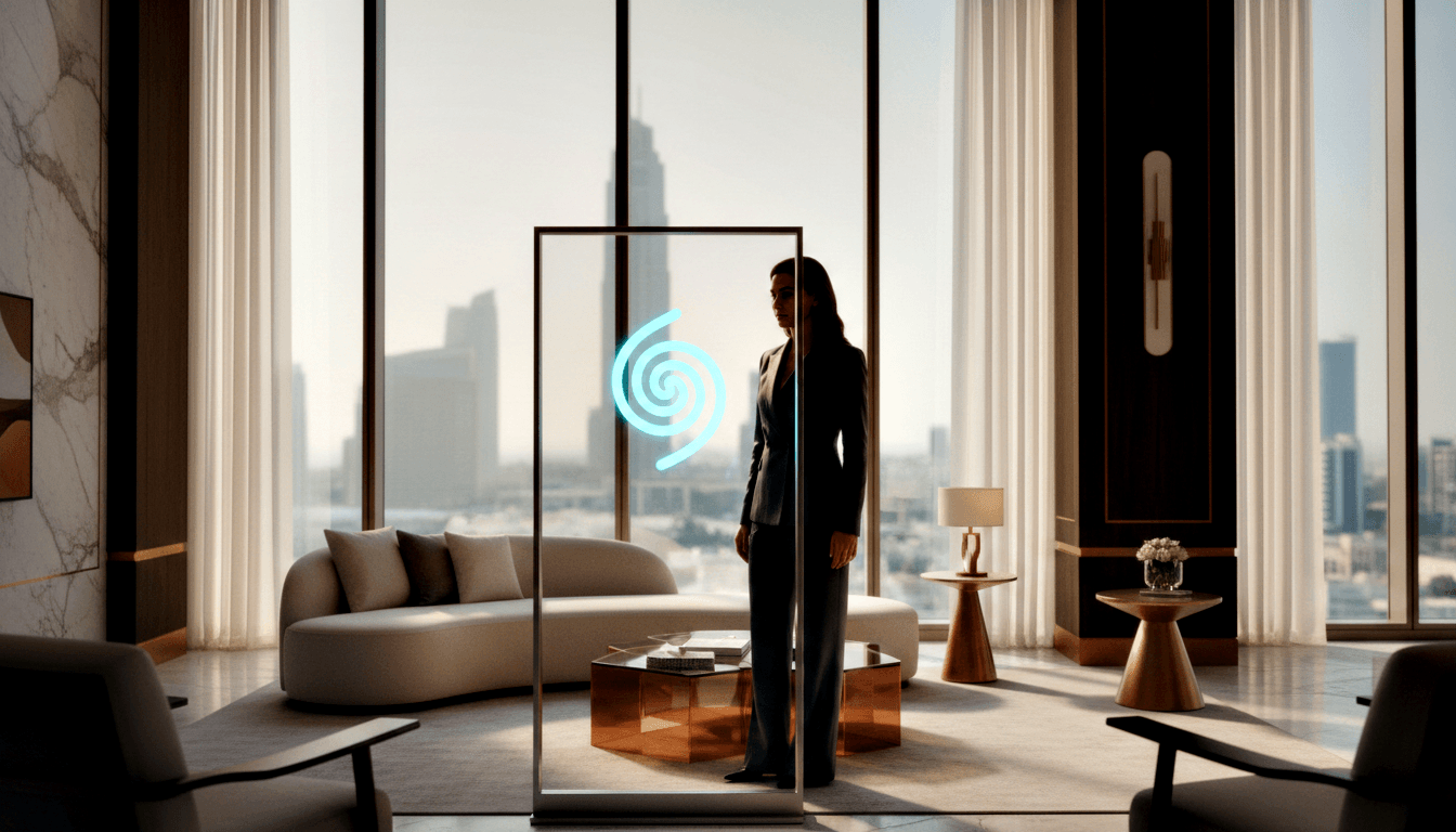 Woman in dark blazer and wide-leg trousers stands inside a tall transparent frame displaying a glowing cyan spiral, beside a curved cream sofa.