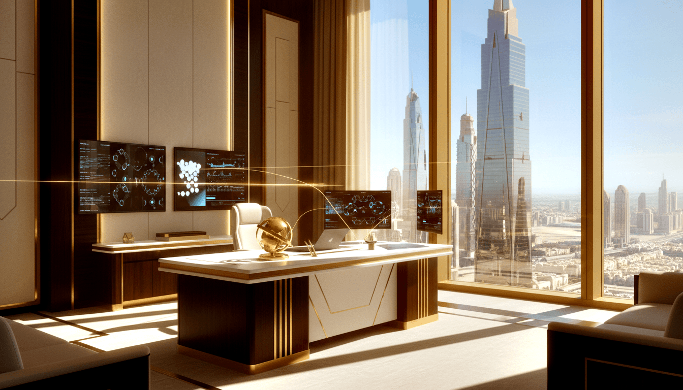 CGI executive office: marble-top desk, gold inlay, golden globe, white leather chair, four monitors, floor-to-ceiling windows, sunlit skyline.