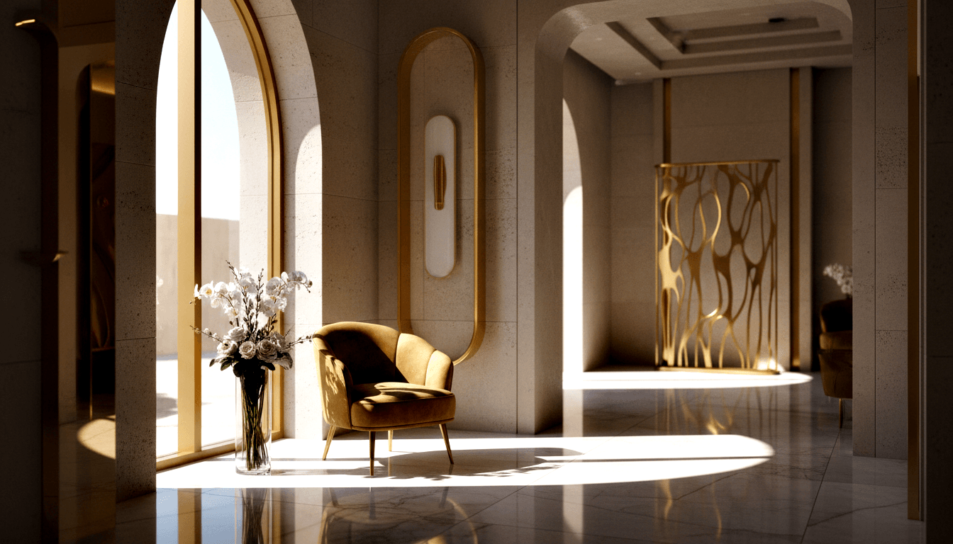 Arched corridor with marble floor, amber velvet armchair, gold screens, glass vase with white orchids and roses.