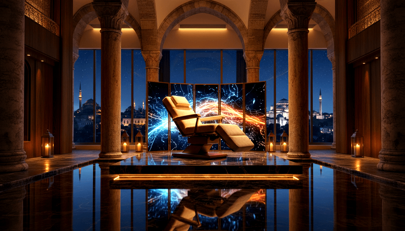 CGI golden chair on marble platform, floor lanterns, energy-streak screen, stone arched columns, nighttime dome skyline.