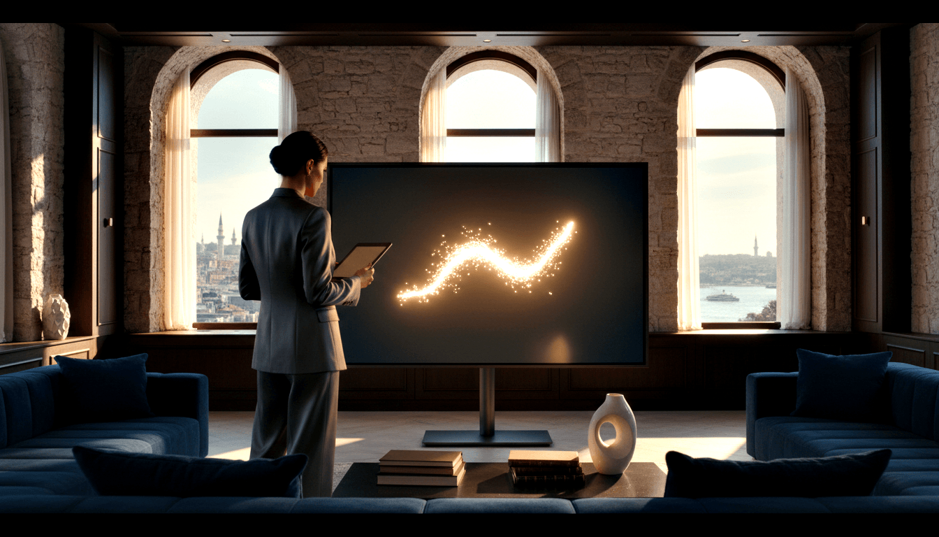 Woman in charcoal suit holds tablet before screen with golden trend line; stone arched walls, windows reveal minarets at golden hour.