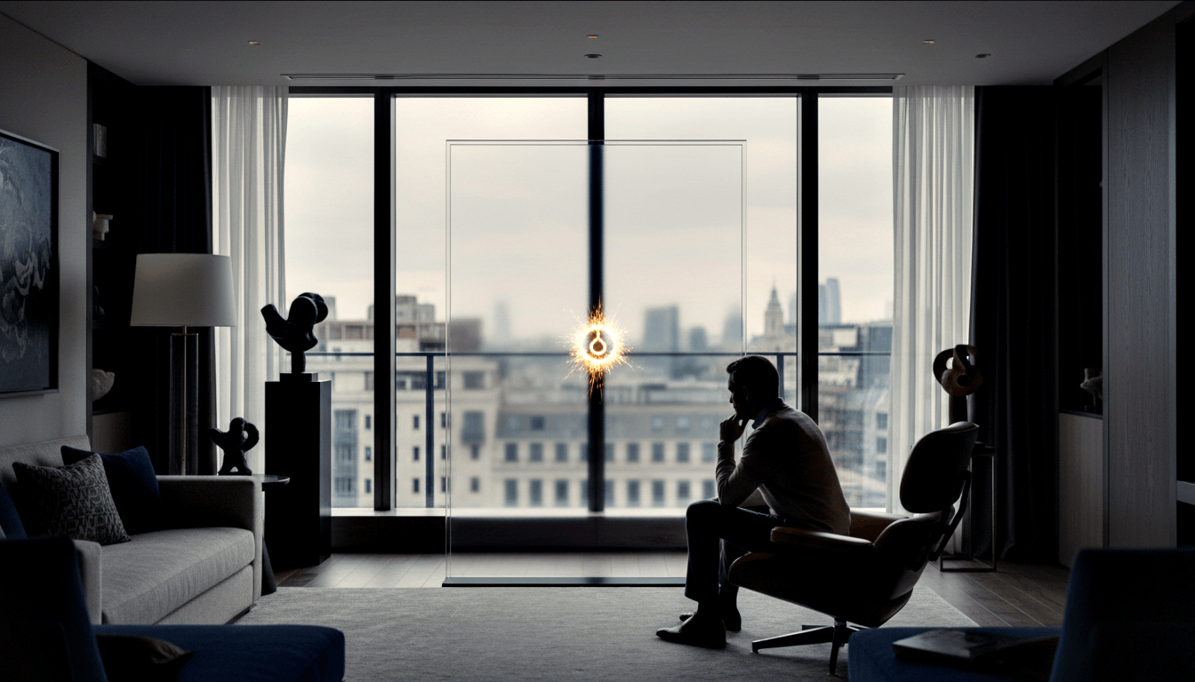 Man silhouetted in leather chair before floor-to-ceiling windows with glowing amber ring anomaly on glass, overcast skyline.