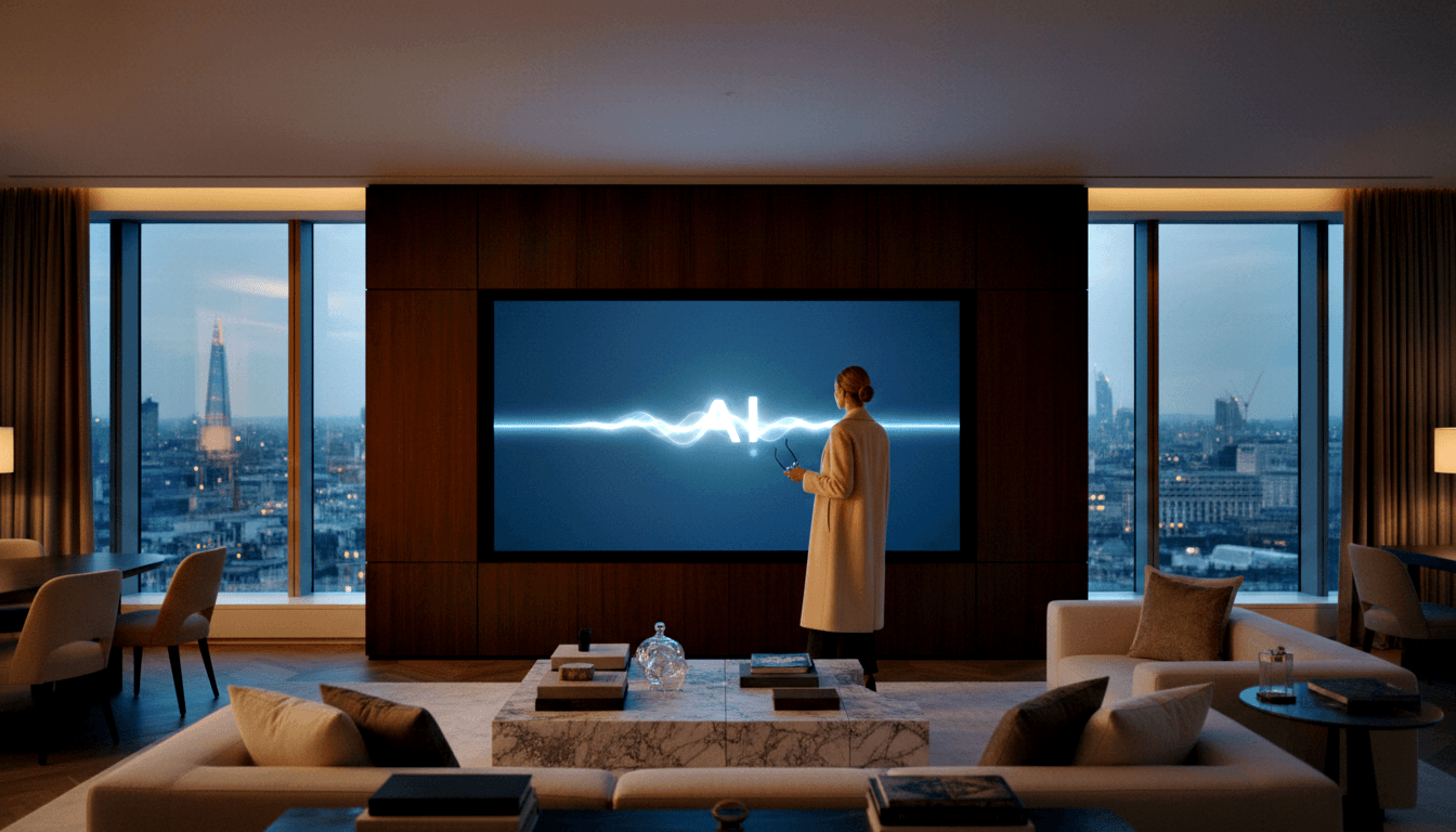 Woman in cream coat and dark trousers, back to viewer, facing a large screen displaying a glowing waveform and 'AI' text.