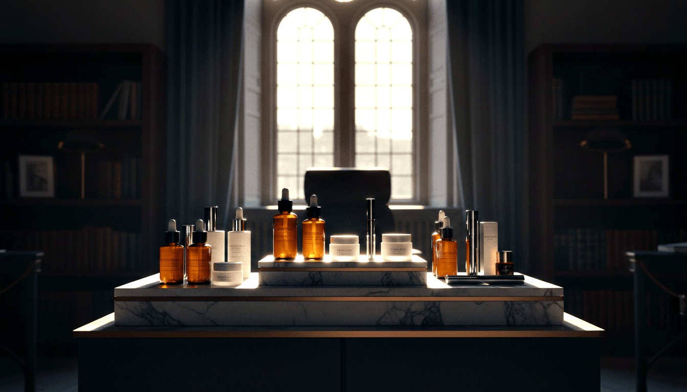Amber glass dropper bottles, white ceramic jars, tubes, and carton arranged symmetrically on a raised marble surface.