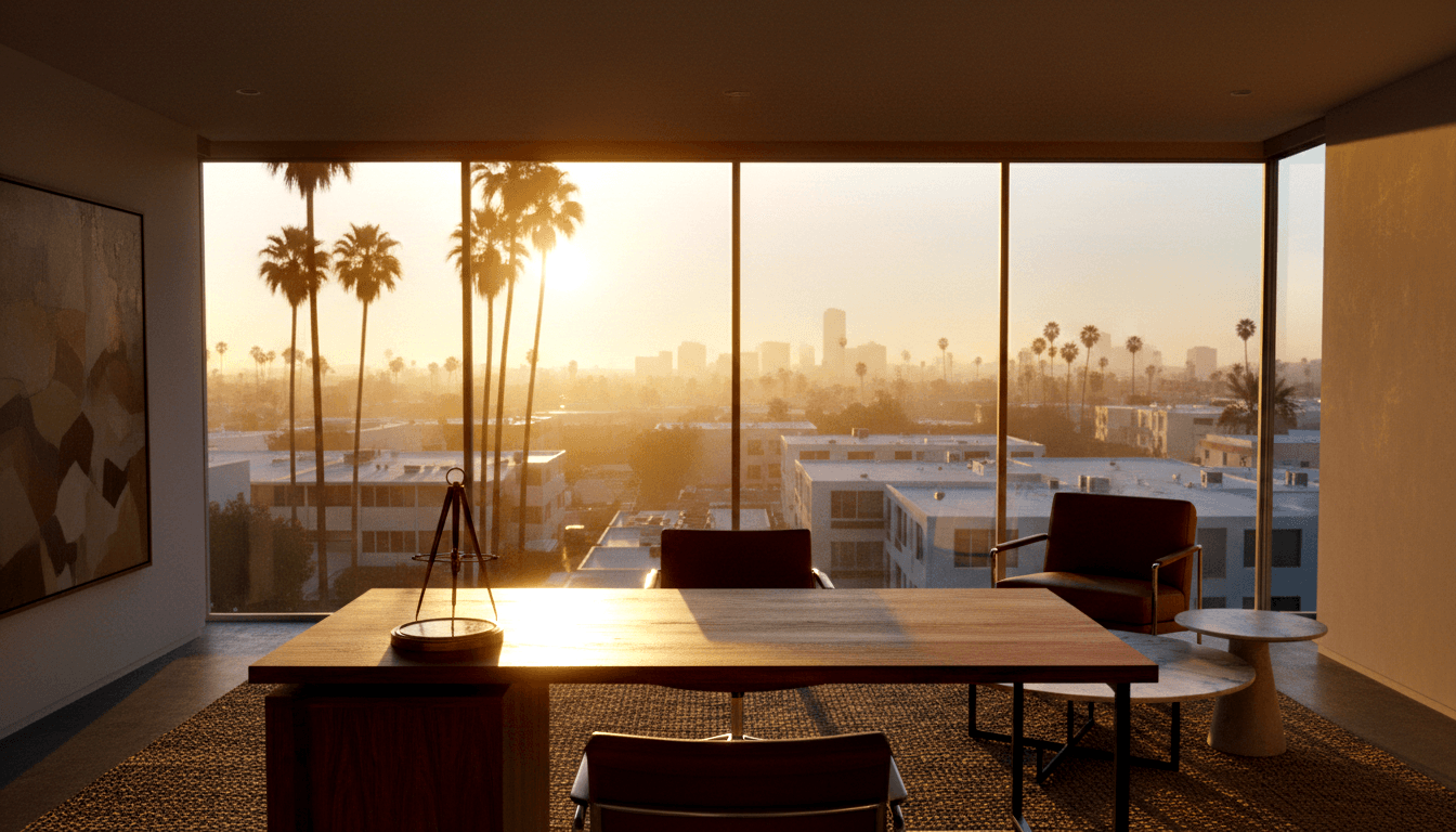 Modern executive office with walnut desk and dark chairs silhouetted against floor-to-ceiling windows showing golden sunset cityscape.