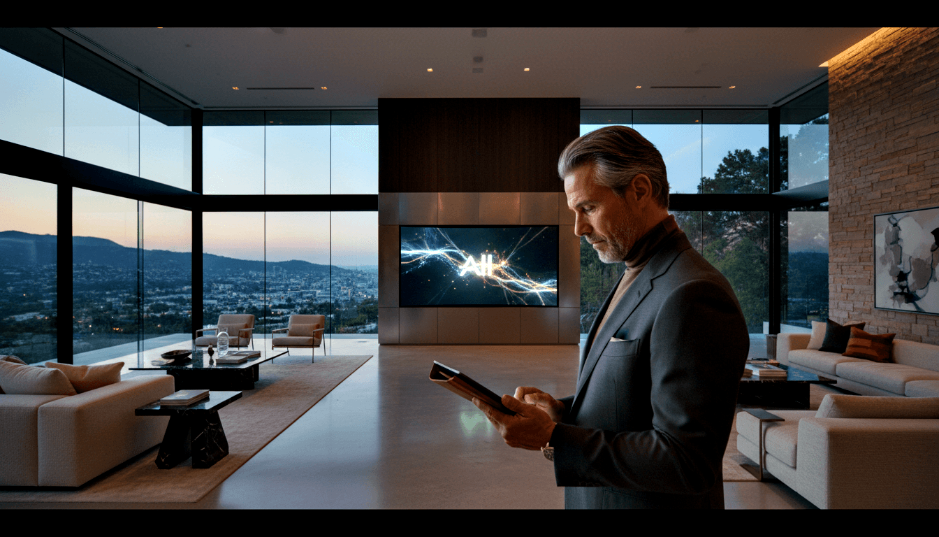Man with silver-streaked hair in charcoal suit and turtleneck looks down at tablet in modern interior with glowing 'AI' wall display.
