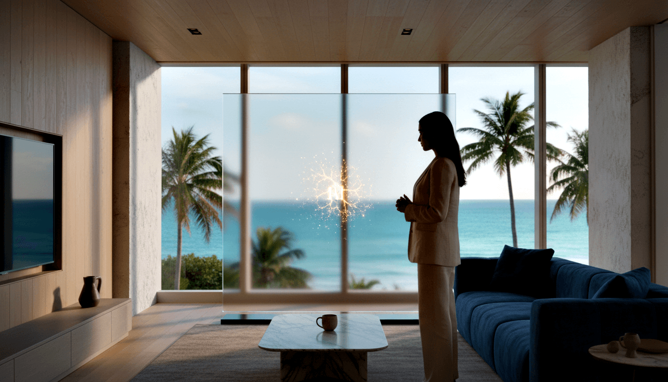 Woman in beige blazer and wide-leg trousers stands in profile before a glowing transparent glass panel, with navy sectional sofa and ocean view.