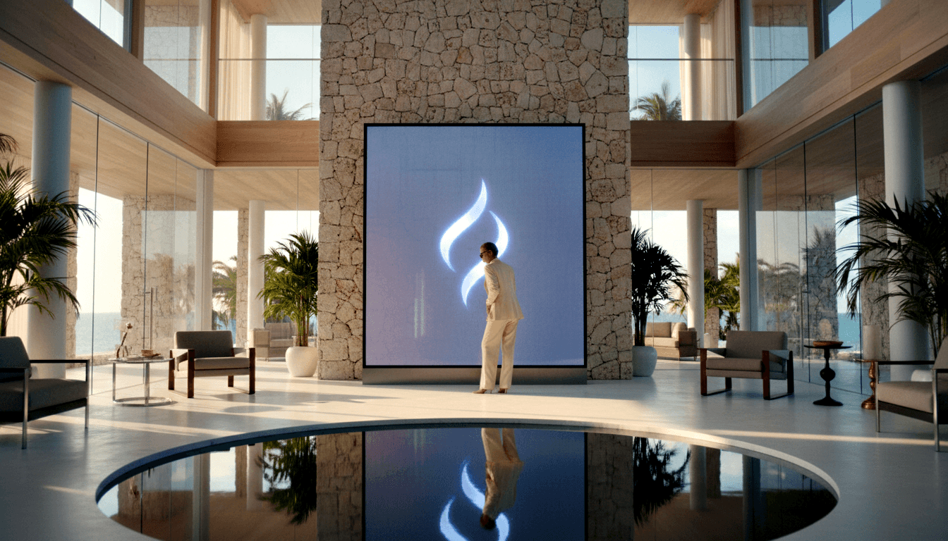 Person in white suit facing large illuminated flame symbol on stone wall above an oval reflective pool in a symmetrical interior.