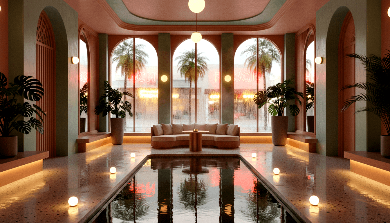 CGI interior: reflecting pool, glowing sphere lights, tropical plants, cream sofa, arched windows showing rainy twilight, amber lit.
