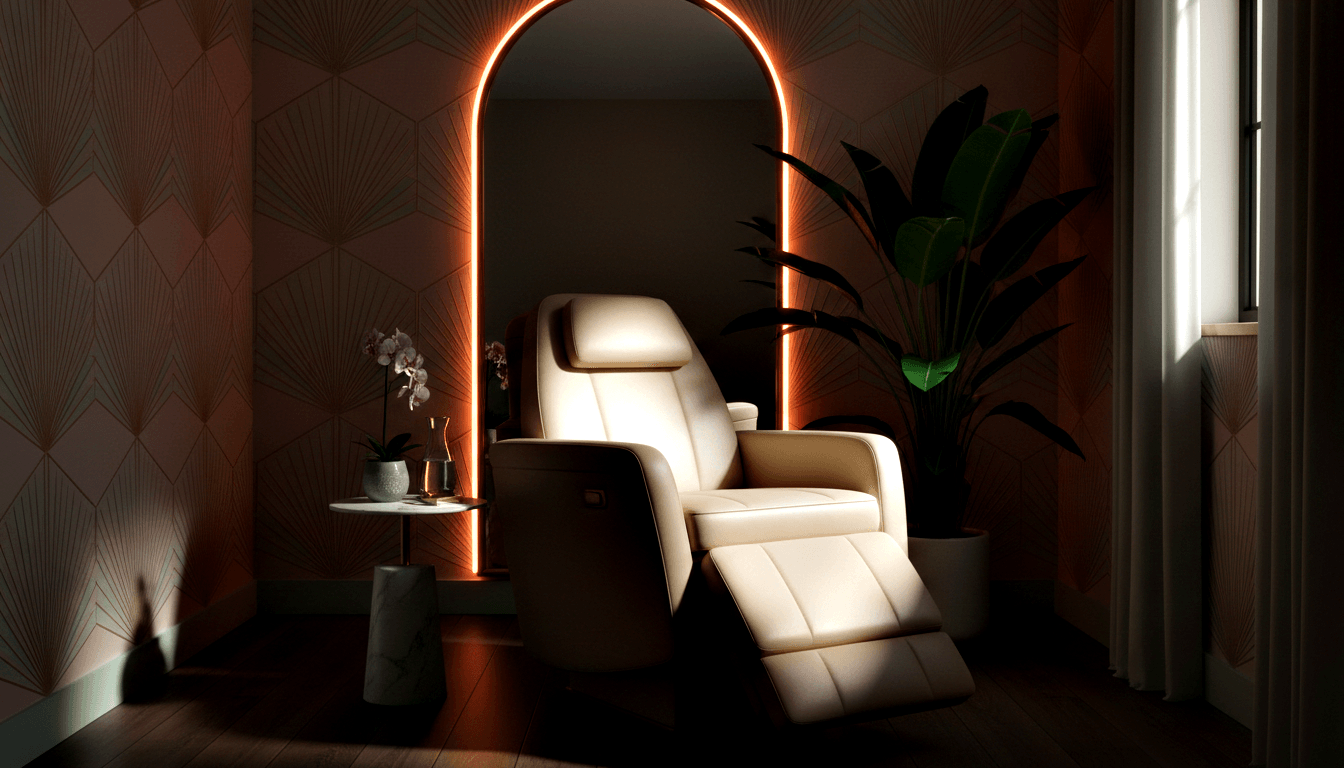 Cream leather recliner with extended footrest inside an arched amber LED frame, flanked by marble side table, orchid, and tropical plant.