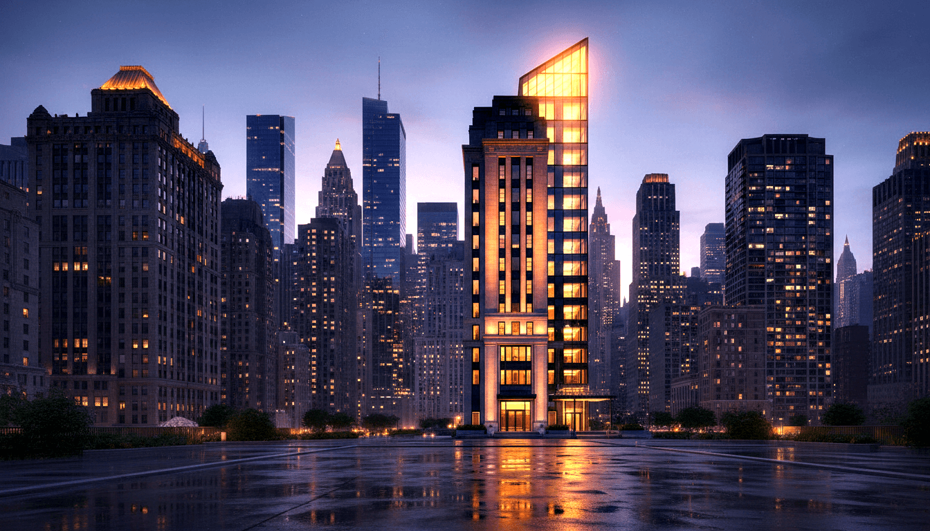 CGI urban skyline at twilight with a tall slender skyscraper glowing amber and orange, reflected in a wet plaza below.