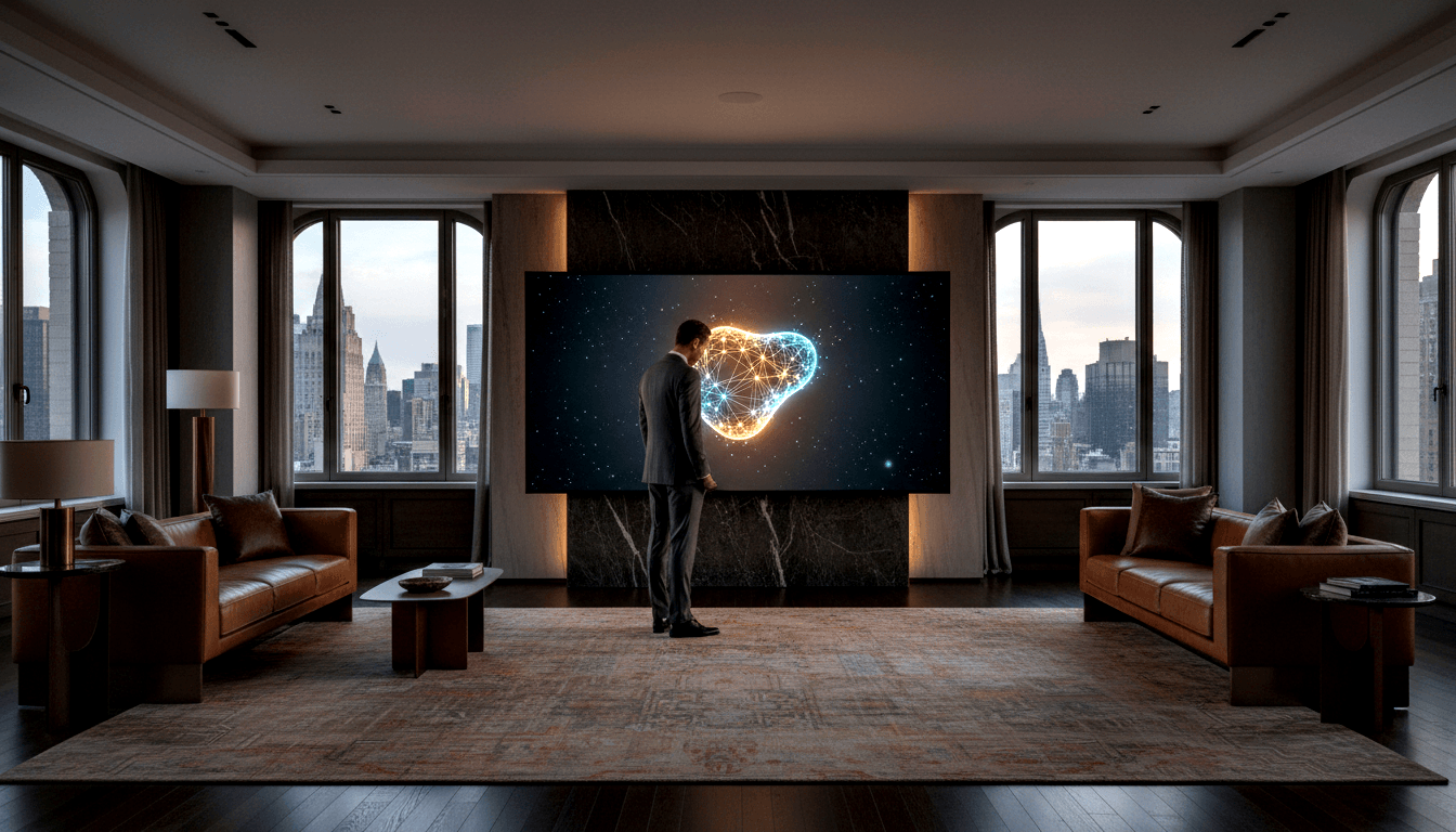 Man in dark suit stands before a large screen showing a geometric heart of nodes in teal, cyan, and orange-gold, flanked by cognac leather sofas.