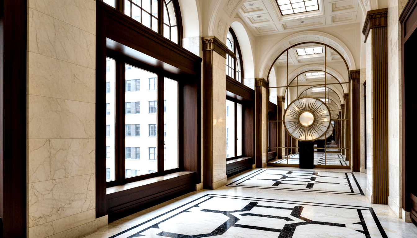 Corridor with arched coffered ceiling, cream marble walls, geometric black-and-white inlaid floor, and gold sunburst sculpture at far end.