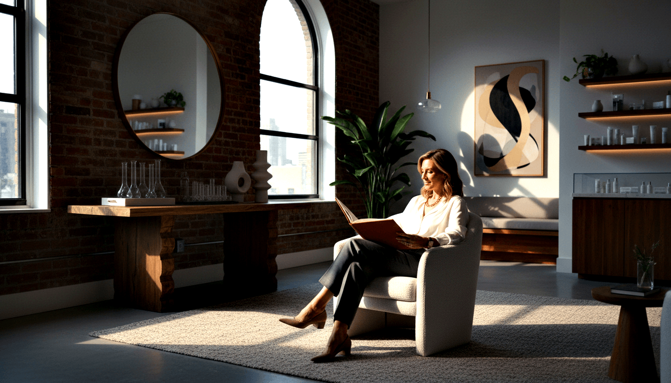 Brunette woman in white blouse and charcoal trousers sits cross-legged in a white armchair, smiling while reading a red-covered publication.