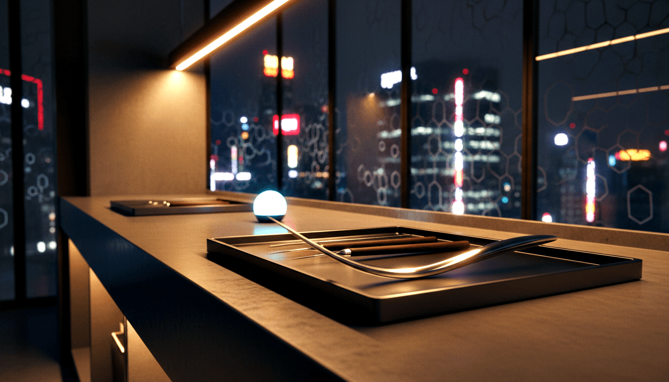 CGI countertop with dark tray, wooden cylinders, metallic strip, glowing cyan orb; neon skyscrapers through floor-to-ceiling windows.