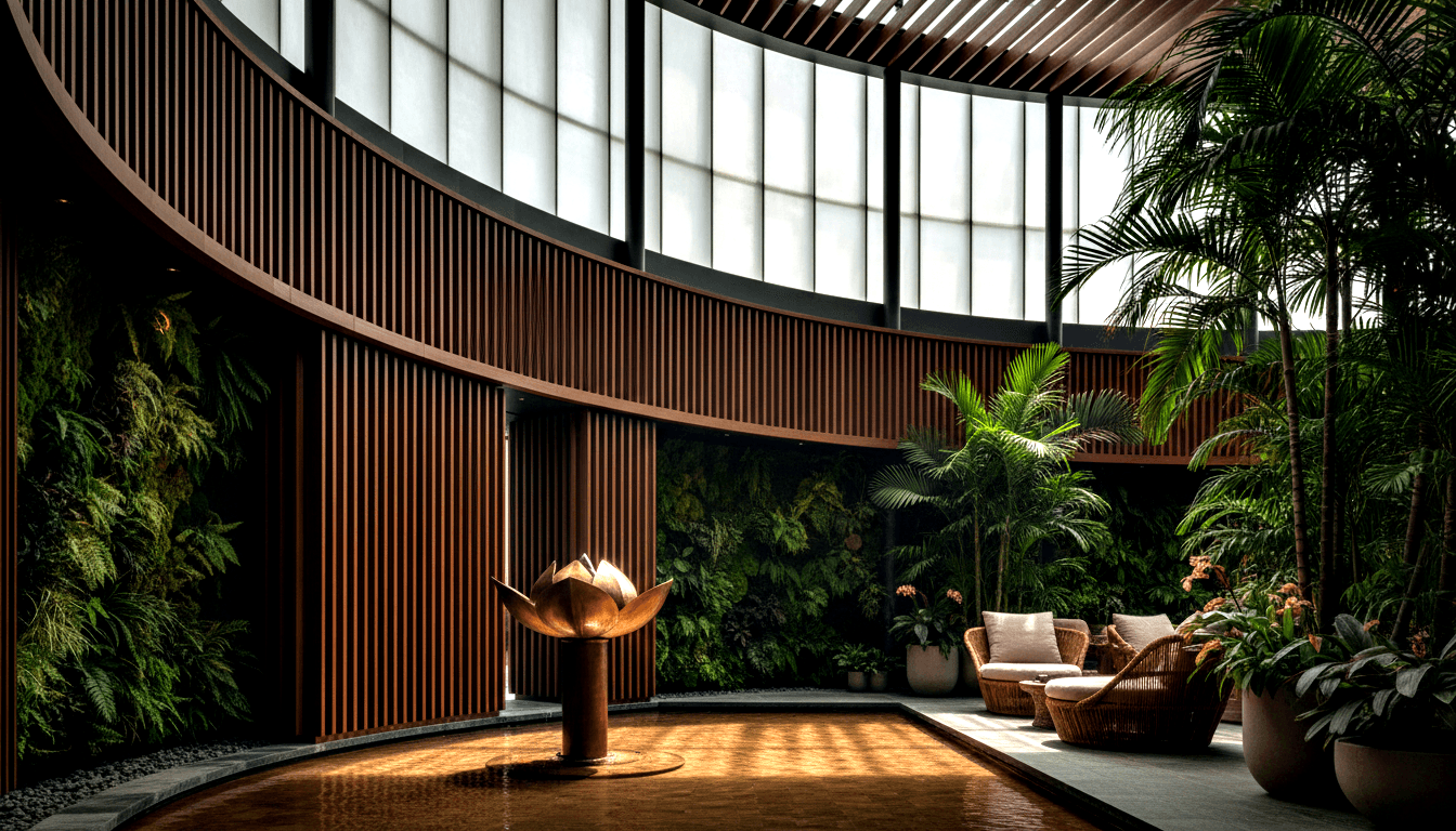 Bronze lotus sculpture on pedestal in reflective pool, framed by timber batten wall, living green wall, and wicker lounge chairs with palms.